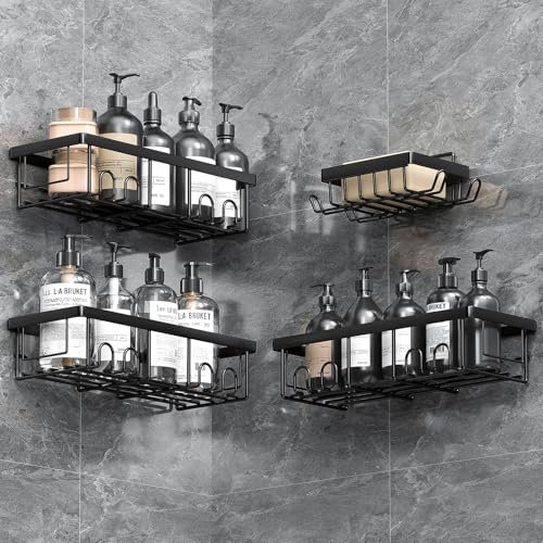 Shower Caddy, 4 Pack Black Shower Storage Organiser with Hooks, Adhesives Bathroom Caddy No Drill, Bathroom Wall Storage Accessories