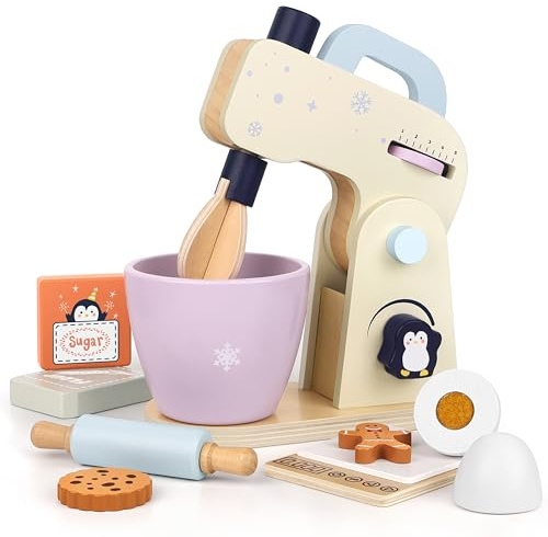 PairPear Kids Wooden Toy Mixer – Pretend Play Kitchen Mixer with Bowl and Baking Accessories, Kitchen Appliance Toy for Kids Ages 3+