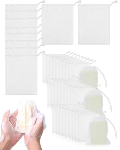 MYGLOAR 50PCS sacs à savon, bain, éponges à savon, filets à savon, filets de douche, soins du corps,sacs à savon exfoliants Sacs à savon en maille de nettoyage en nylon avec filet à mousser à cordon