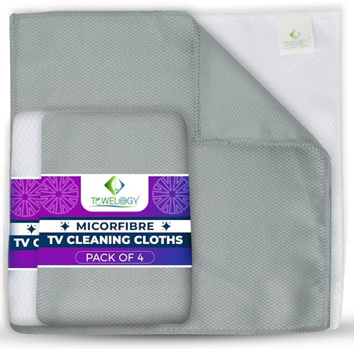 Towelogy® Microfibre TV Cleaning Cloth | Non Abrasive and Lint Free | Premium Screen Cleaner Cloths | Safe To Use On OLeds, LEDS and Flat Screens | Microfibre Cloths for TV Screens (Grey/White)