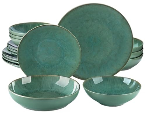 WLIHDB Dinner Sets 16/32/48 Piece Green Embossed Stoneware Tableware Set With Dinner/Dessert Plate/Soup Bowl/Mug Service For 4/8/12 For Dinner(16 PCS)