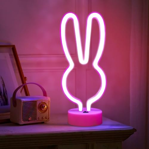 Deko Schlafzimmer LED Lichter mit Sockel, Zimmer Deko Aesthetic LED Beleuchtung Ornament, Neon Schild USB und Batteriebetrieben, Beleuchtete Neon Sign für Party Innen Deko Wohnzimmer (Kaninchen)