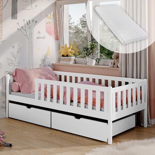 Kids Collective Kinderbett mit Zwei Schubladen Rausfallschutz Lattenrost und Matratze Kinder Bett Sicher & stabil | weitere Größen 80x160 90x190 90x200 cm | 80x180 cm von 3 bis 12 Lebensjahr Weiß