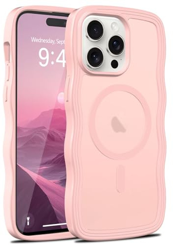 LLZ.COQUE for iPhone 14 Pro Case Compatible with Magsafe Wavy Frame Pink | Matte Translucent Clear Back, Magnetic Curly Wavy Frame Cover, Shockproof Anti-scratch Phone Case for Women Men, Pink