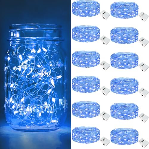 btfarm 12 Pack 3 Modes LED Fairy Lights Battery Operated, 2M 20LED Mini String Lights Battery Powered IP65 Waterproof Silver Wire Small Fairy Lights Indoor Outdoor for Christmas, Party, Bedroom, Blue
