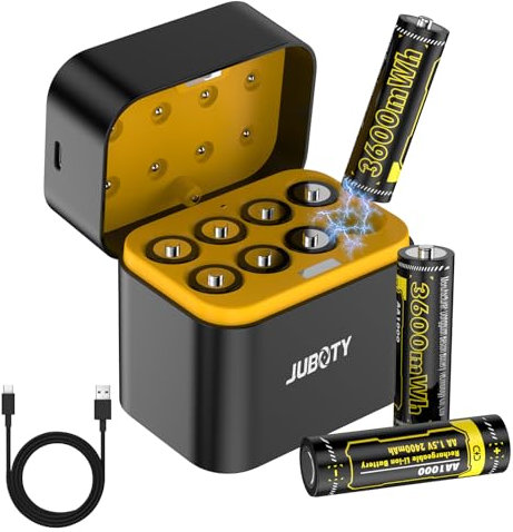 JUBOTY Batteria AA ricaricabile, 8 x 3600 mWh ultra alta capacità 1,5 V AA batteria al litio con scatola di ricarica intelligente, 8 scomparti per batterie e indicatori LED/copertura magnetica+cavo di