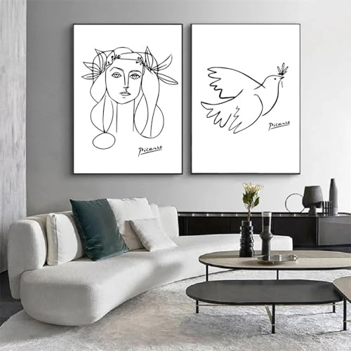 GKUVBF Nordische Schwarz-Weiß-Picasso-Matisse-Abstraktlinien-Poster, Leinwandmalerei, Leinwanddrucke für Wohnzimmer, moderne Wohnkultur, 50 x 70 cm, 2 Stück, rahmenlos