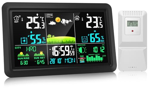AIYUNDI Wireless Weather Station, 7.5 Large Color Display Indoor Outdoor Thermometer Hygrometer, Barometric Pressure, Weather Forecast, Moon Phase, Sunrise Sunset, Temp Humidity Alarm for Home Garden