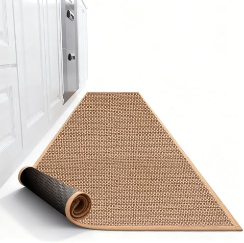 VEGOATY 43.5×180cm Küchenteppich Waschbar rutschfest: Schneil-Gewebe Teppich Läufer, Flur Teppich Absorbierend, Sisaloptik Gewebte Küchenläufer Für Eingang, Küche, Wohnraum, Braun