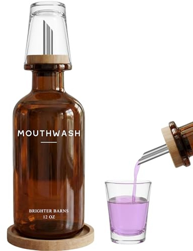 Brighter Barns Bathroom Amber Glass Mouthwash Dispenser - Refillable Mouthwash Container and Glass Cup - Modern Bathroom Mouthwash Dispensers