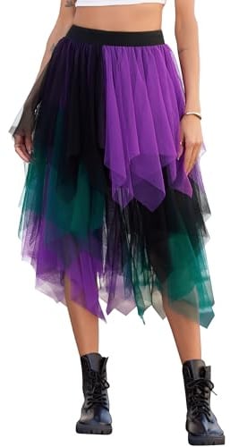 Lovasy Gonna Tulle Donna Irregolare Midi Gonne tutù a Rete Vita Alta Elastica Gonna Balletto Asimmetrica Multistrato Gonne a Pieghe Principessa per Halloween Natale Party Prom | Irregolare, lunghezza al ginocchio, gonna per feste cosplay
