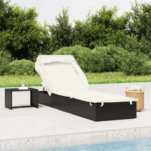 Mandloder Sonnenliege mit Faltdach, Schwarz, 213x63x97 cm, aus wetterfestem PE-Rattan & Stahl, verstellbare Relaxliege für Garten, Terrasse, Strand, Balkon, Bequeme Chaiselongue mit Auflage