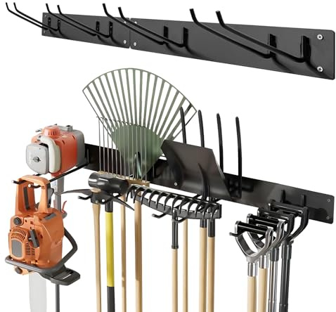 ELESKY Gartengerätehalter Wandhalterung aus Metall, Werkzeughalter mit 4 Doppelhaken, stabil & belastbar, Besenhalter für Garten, Garage und Werkstatt, Schwarz