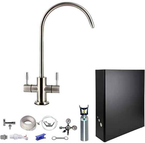 Tafelwassergerät Wassersprudler Sprudelwasseranlage ohne Kühlung BieTal® BT-W01 mit Wasserhahn 2-leitig C-Auslauf als Komplettset mit Aktivkohle Carbon Block Wasserfilter inkl. 2kg CO2 Flasche