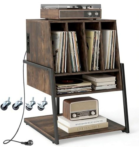 COSTWAY Meuble Platine Vinyle avec Prise, Meuble Rangement jusqu'à 180 Vinyle, 4 roulettes, Étagères, 5 Compartiments, Support Tourne Disque pour CD, DVD, Manga, Livres(avec Prise,Marron Rustique)
