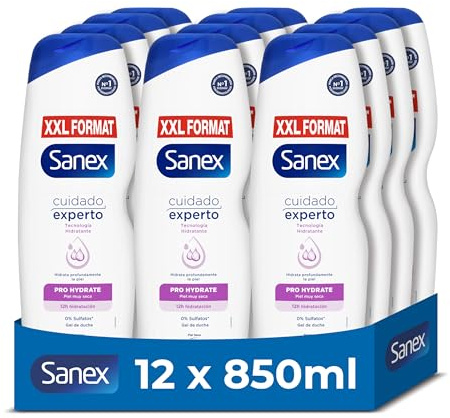 Sanex Gel de Ducha Cuidado Experto Pro Hydrate, 12 x 850ml | Tecnología hidratante | Hidrata y suaviza la piel | Ayuda a restaurar hidratación natural | Gel para piel seca y todo tipo de piel