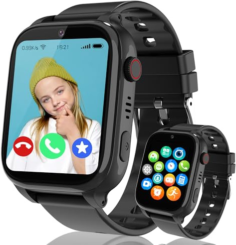 GPS Smart Watch for Kids, IP68 Kids Smart Watch 4G Call/SOS/WiFi Location/Vedio/Voice Chat, Classmode, Auto Answer, Game, Calculator, Alarm, Passcodelock, Boy Girl Teen GPS Tracker Gift (Black)