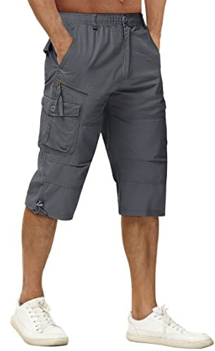 TACVASEN Herren Kurze Cargohose Baumwolle 3/4 Cargo Bermuda Shorts Outdoor Lässige Shorts Freizeitshorts mit Taschen, Dunkelgrau, 34 EU