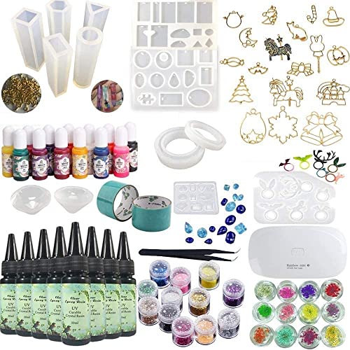 Epoxidharz-UV-Kleber-Kit Crystal Clear Transparent mit Lampe Pinzette 36 Dekorationen 11 Silikonformen 13 Farbe flüssige Pigmente 17 Blenden für Anhänger + 2 Bänder 100 Ösen für Schmuckherstellung