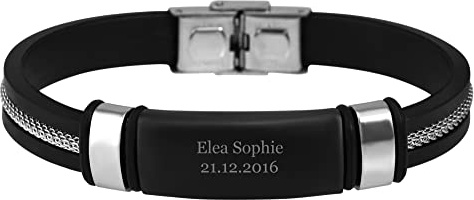 Hanessa Personalisiertes Armband mit Gravur für Männer und Frauen Edelstahl Silikon schwarz Länge 21 cm | Personalisierte Armbänder mit Namen Herren Damen