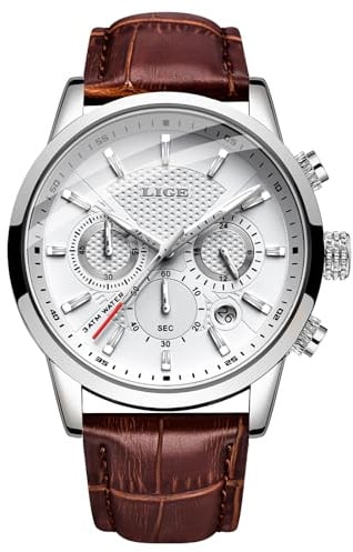 LIGE Armbanduhr Herren Lederarmband 3 ATM Wasserdicht | Herrenarmbanduhren Chronograph Retro Herrenuhren Männer Vintage Analog Uhren mit Datumsanzeige Mens Watches for Men
