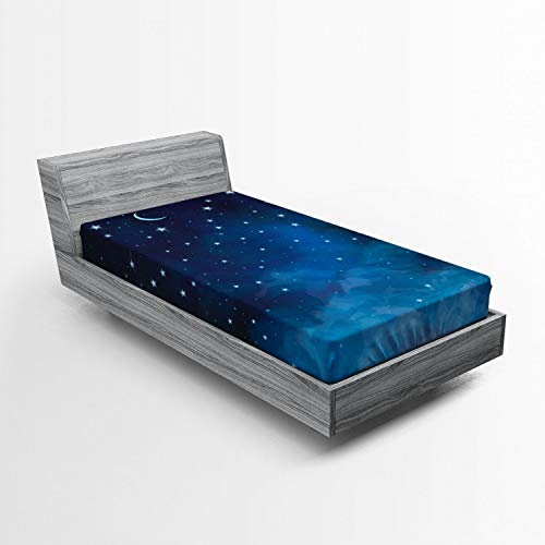 ABAKUHAUS Himmel Spannbetttuch, Nachtzeit mit Mond-Stern, Soft Dekorativer Stoff Bettwäsche Rund-um Elastischer Gummizug, 90 x 200 cm, Blau Dunkelblau