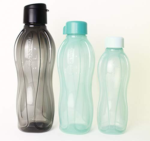 Tupperware EcoEasy Gourde 1 L Noir Clip + 1 vis Bleu clair 750 ml + 1 vis Bleu clair 500 ml + 1 coffret cadeau