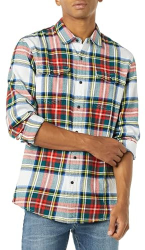 Amazon Essentials Herren Schmal geschnittenes Flanellhemd mit Langen Ärmeln und 2 Taschen, Rot Weiß Tartan Plaid, L