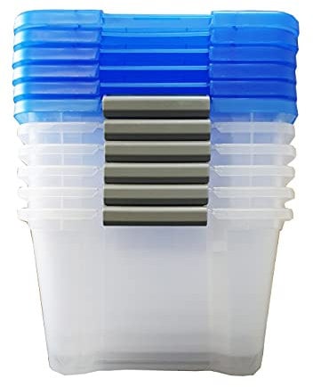 Iris Ohyama 15 Liter Stackable Storage Boxes, 15 L Pack of 6 Buckle Up Storage Containers with Lid - Blue LID