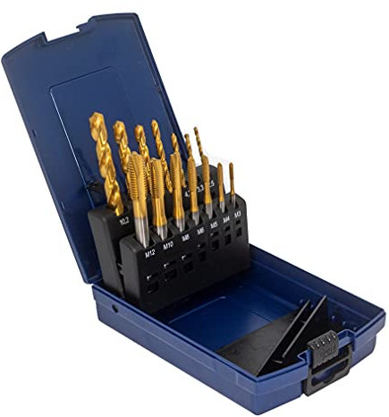 WSH-TOOLS Maschinengewindebohrer Set Durchgangsloch M3, M4, M5, M6, M8, M10, M12 HSSE-Co5 Kunststoffbox 14-teilig TiN