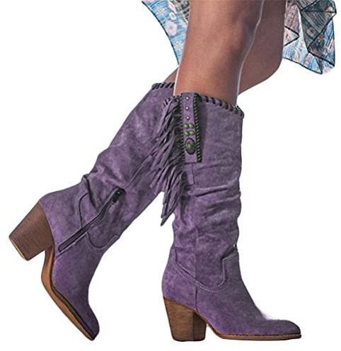 Onsoyours Moda Donna Autunno e Inverno Stivali con Tacco Alto Spessi con Frange Stivali Alti con Tacco Alto Incontri Ballerino Partito Stivali al Ginocchio Viola 42 EU