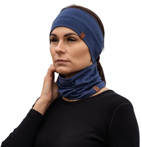menique Damen 100% Merino Stirnband & Schlauchschal Set Denim