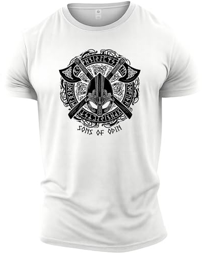 GYMTIER Sons of Odin - Casco Vikingos - Camiseta de Gimnasia para Hombre Entrenamiento de Culturismo Ropa Superior de Levantamiento, Blanco, S