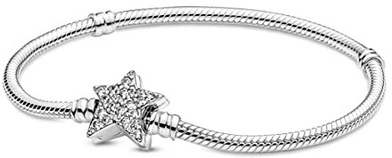 Pandora Armband Timeless Sternverschluss Silber, Zirkonia 599639C01 Pandora Moments Asymmetrischer Stern-Verschluss Schlangen-Gliederarmband in Sterling-Silber, Gr. 21, 599639C01-21