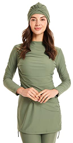 OBEEII Womens Muslim Swimsuits Full Coverage Long Sleeve Swimwear Burkini Hijab Bathing Suit Green B Small