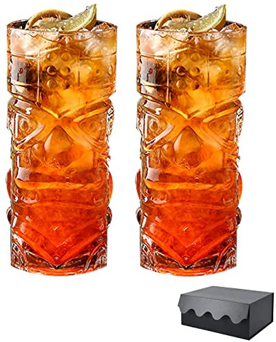 YBCPACK 2 Pack Tiki Glasses, Hawaiian Style Tiki Cups, 14oz Cocktail Glasses for Alcoholic Drinks, Cocktails, Beverages, Water, Juice, or Iced Teas