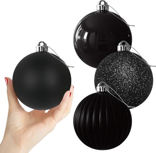 Schwarze 10,2 cm große Weihnachtskugeln – Weihnachtsbaumschmuck, Ornamente, bruchsicher, hängende Kugeln für Geburtstag, Halloween, Urlaub, Hochzeit, Dekorationen, Set mit 4 Stück