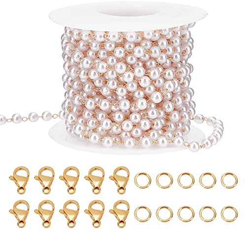 Beebeecraft 16.4 Fuß Perlenkette 18 Karat Vergoldeter Kabelkette Weiß Karabinerverschlüssen Und Biegeringen Für Die Herstellung von Armbändern, Halsketten Und Schmuck