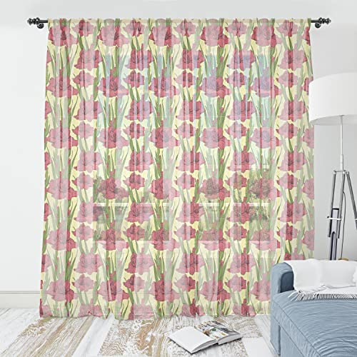 ABAKUHAUS Blume Tüll Vorhänge mit Stabtasche, Gladiolen Muster, Schiere Drapierung für Hochzeit Party 2 Panels, 274 cm x 274 cm, Gelbe Koralle und Grün