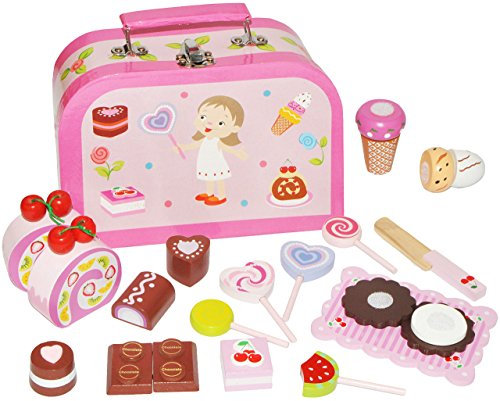 alles-meine.de GmbH 22 TLG. Set: Koffer mit Holz Süßigkeiten zum Schneiden - EIS Torte Biscuit Lolli - für Kinder Holzfrüchte Kaufmannsladen Zubehör Kaufladen Holzfrüchte mit Kle..