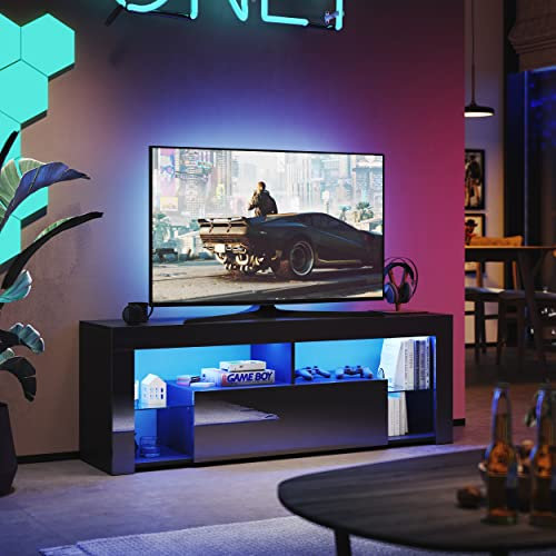 SUNXURY Mobile TV a LED nero 140 cm con 16 colori LED, illuminazione TV Board con ripiani in vetro lucido, 140 x 35 x 50,5 cm