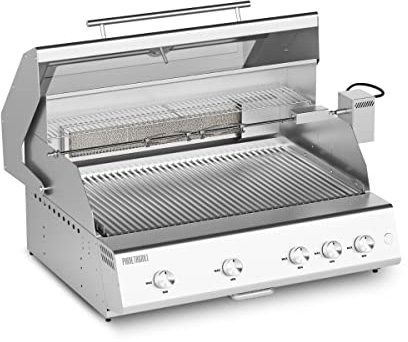 FRY TOP 750 RANGE Barbecue a Gas, BBQ da Esterno in Acciaio Inox con 5 Fuochi, 4 Bruciatori da 4 Kw +1 Infrarossi, 2 Griglie, Spiedo Motorizzato, Coperchio con Termometro Piano Cottura 750x450 mm