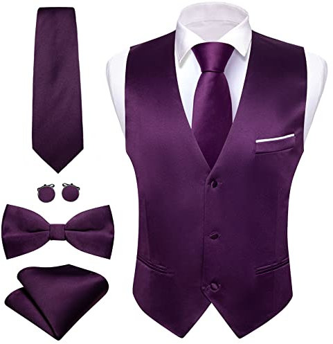 Barry.Wang Costume formel pour homme avec gilet col en V et nœud papillon - Coupe ajustée - Style décontracté - Couleur unie - Pour fête de mariage - Smoking, violet, M