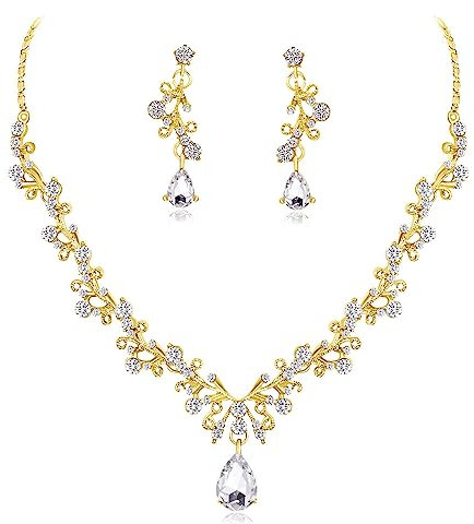 Loutade Crystal Necklace & Drop Earring Set for Women - Bridal Jewellery With Gold Wedding Set for Bride Bridesmaid - Party Jewelry