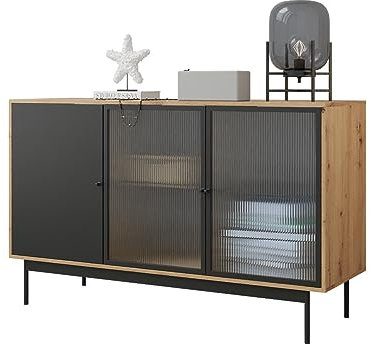 Mirjan24 Kommode Bartise 3D mit 3 Türen, Glaseinlegeböden, Metallfüße, Highboard, Anrichte, Sideboard, Wohnzimmerschrank, Mehrzweckschrank (Artisan Eiche/Schwarz, mit weißer LED Beleuchtung)
