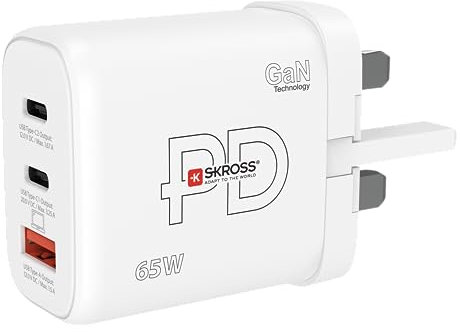 SKROSS - Power Charger 65W Gan UK - PC -Ladegerät, Tablet, Smarthone mit Schnellem Laden 65 W - Lader mit 3 USB -Geräten (Type A 18W + Type C 20W + Type C 65W) mit UK Socket