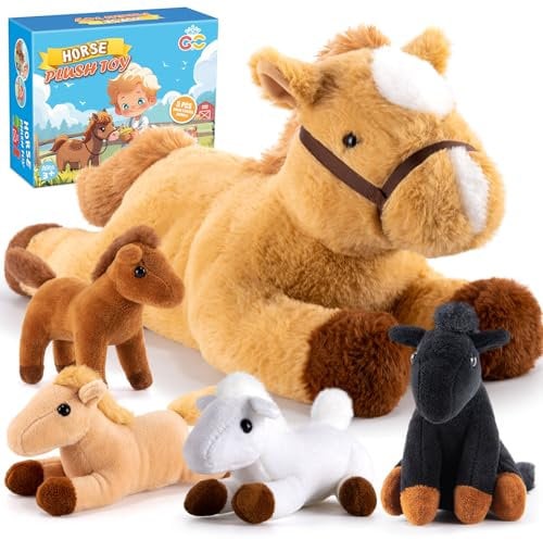 Toyssa Pferd Kuscheltier Geschenke für Mädchen 2 3 4 5 6 7 Jahre Plüsch Pferd Mama mit 4 Baby Pferde im Bauch Plüschpferd Spielzeug Geschenk für Kinder Jungen Mädchen