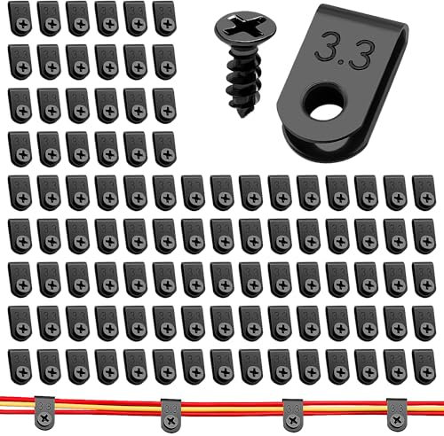 VooGenzek 100 Pezzi 3.3mm (1/8 Pollice) U-tipo Cavo Clip Fascetta, Morsetti per Cavi in Nylon con 100 Pezzi Viti, per la Gestione dei Fili (Nero)