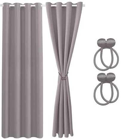 Cozyor Verdunklungsvorhänge Gardinen 2er Set mit Magnet-Raffhalter Thermogardine gegen Kälte 100% verdunkelnd, hellgrau Moonlight, Gardine mit Ösen, 175x135 cm