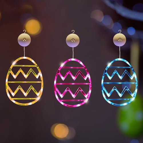 Oster Fensterlichter, LED Ostereier Lichterkette mit Saugnäpfe, LED Ostern Lichterkette Batteriebetrieben, Aufhängbar Ostern Fenster Lichter für Ostern Deko, Fensterdeko, Heimdekoration (3 Stück)